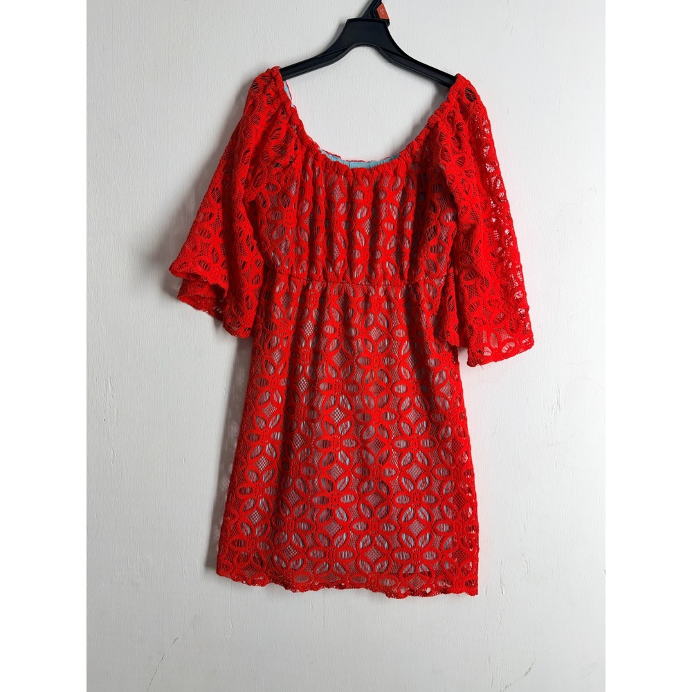 Judith March Red Lace Mini Dress Off Shoulder Bell Sleeve Empire Waist Large